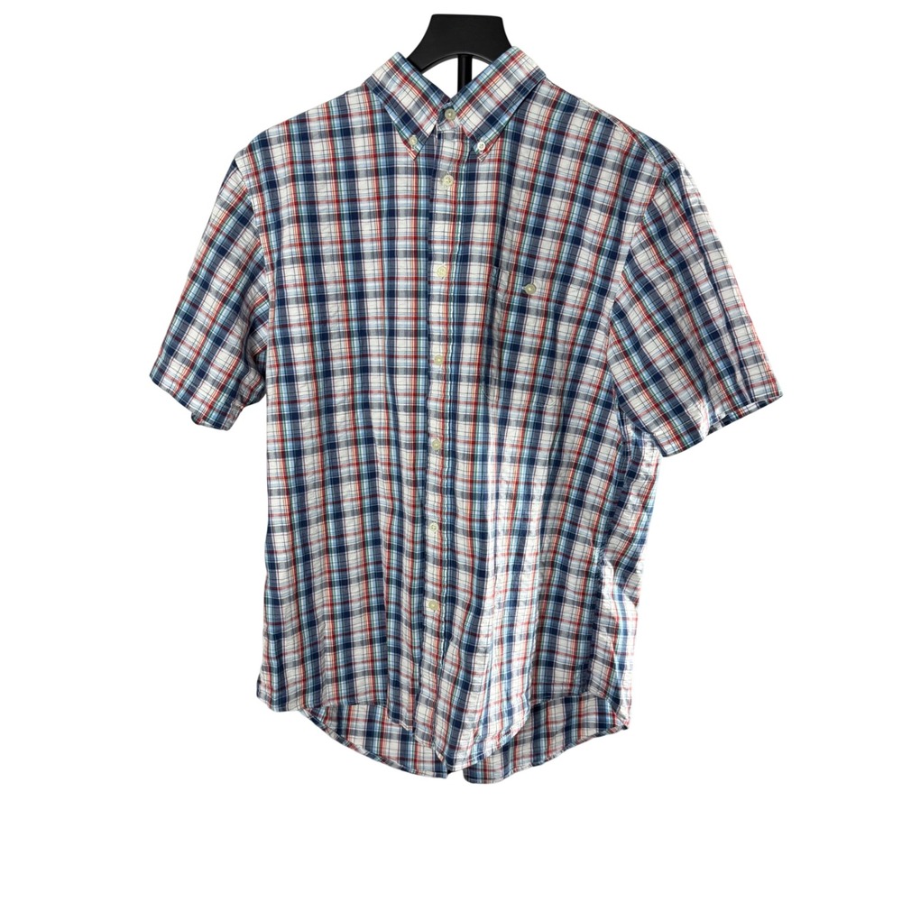 Lands End Mens Medium Blue Orange Plaid Seersucker Short Sleeve Button Down Shir - Picture 1 of 10